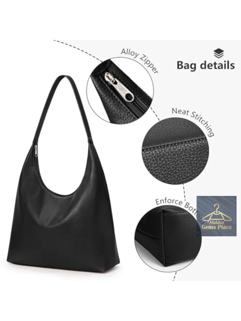 Vegan Leather Hobo Zipper Shoulder Tote Bag Large Capacity Travel Work Purse